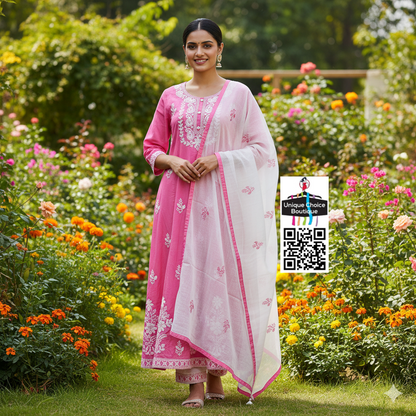 Pink and White Lucknowi Chikankari Kurti Pant Dupatta Set, 3pc Salwar Suit Set