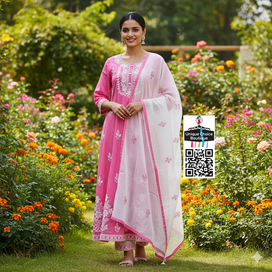 Pink and White Lucknowi Chikankari Kurti Pant Dupatta Set, 3pc Salwar Suit Set