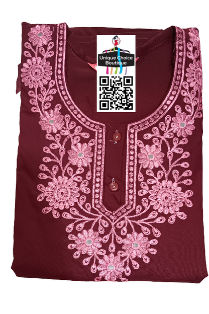 Plain Pure Cotton Nighty, Button Nighty, Embroidery Neck-Maroon