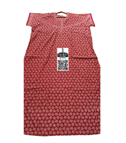 Comfortable Cotton Nighty, Nightgown- Plus Size-Red and White