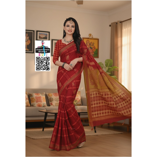 Premium Quality Cotton Saree with Blouse pc Red
