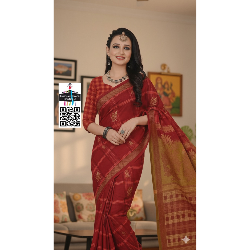 Premium Quality Cotton Saree with Blouse pc Red 1