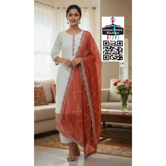 Premium White & Neon Orange Chikankari Silk 3pc Anarkali Salwar Suit
