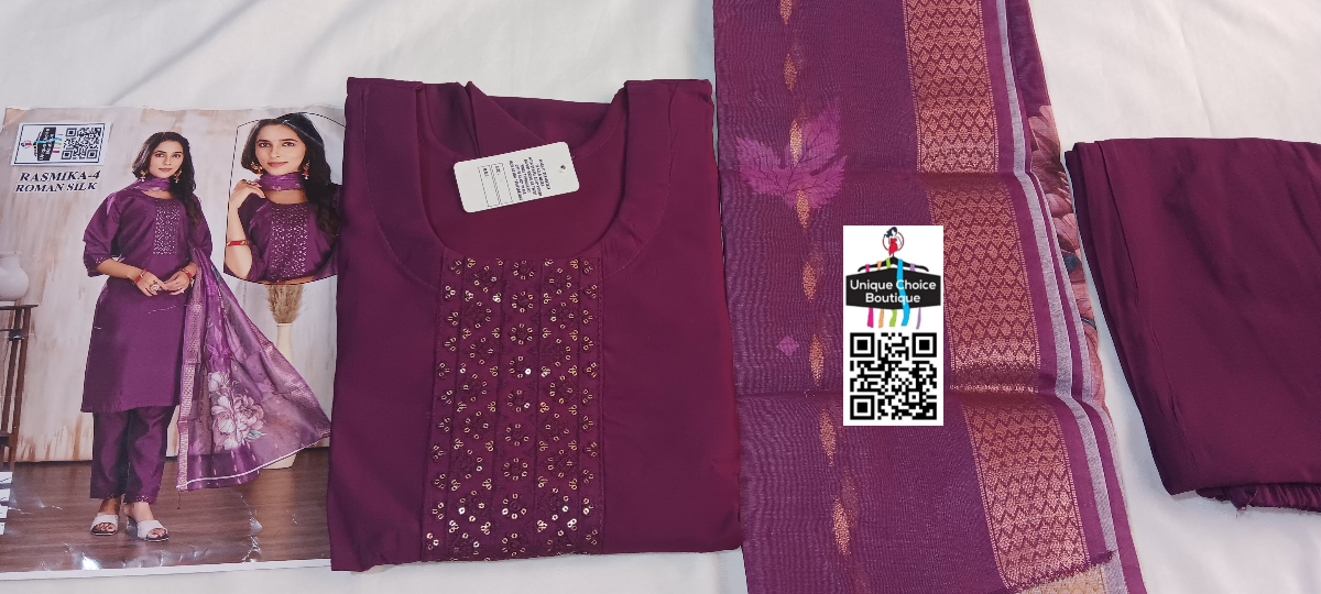 Purple Roman Silk Kurti Pant Dupatta Set, 3pc Salwar Suit Set