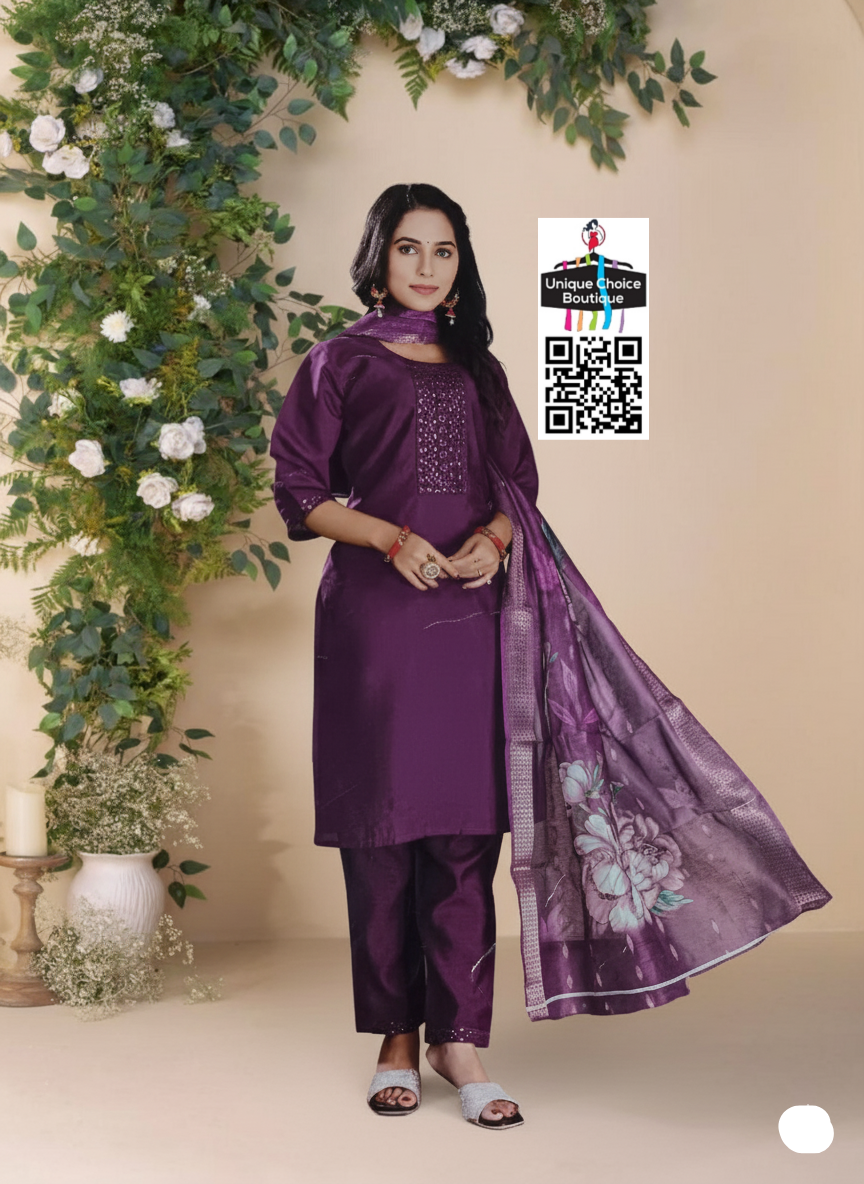 Purple Roman Silk Kurti Pant Dupatta Set