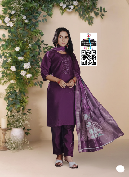 Purple Roman Silk Kurti Pant Dupatta Set
