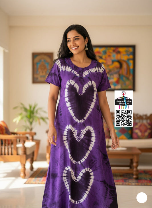 Purple Tie-Dye Chungudi Cotton Nighty with Heart Print