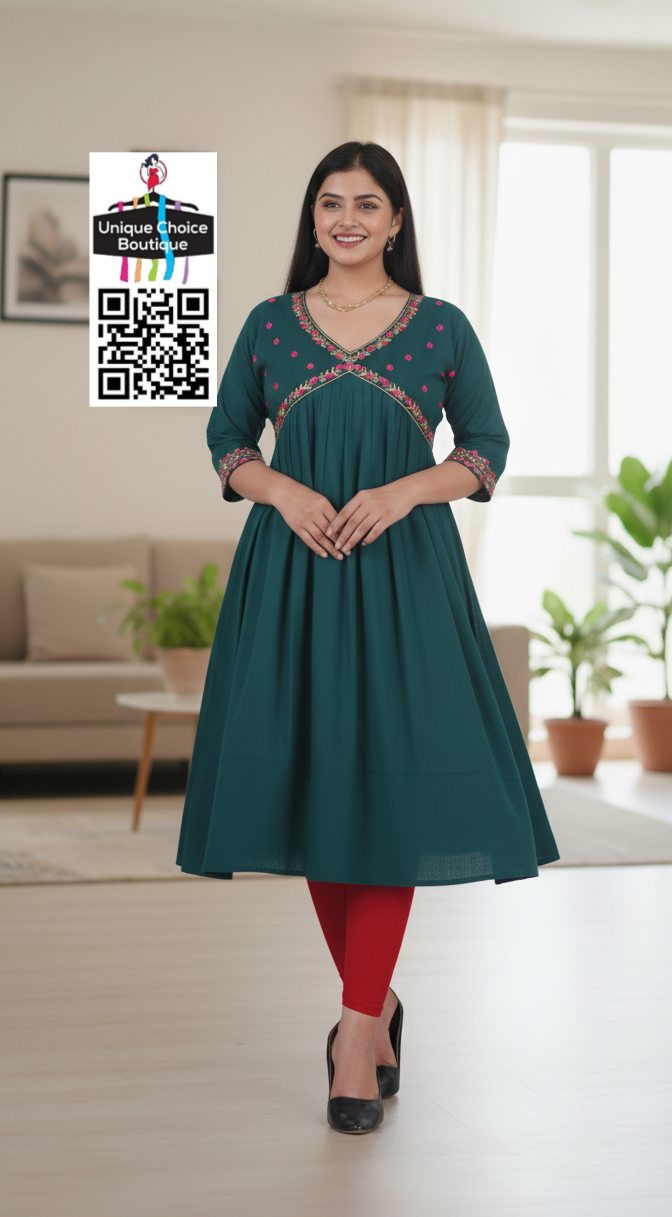 Rayon Alia Cut Anarkali Kurti with floral embroidery