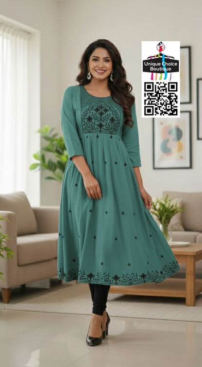 Rayon Alia Cut Anarkali Kurti with floral embroidery Green