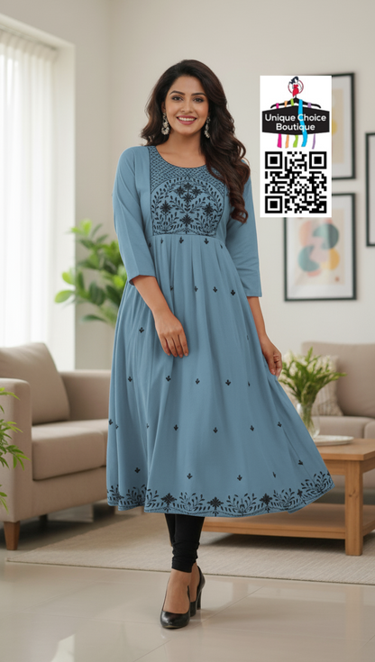 Rayon Alia Cut Anarkali Kurti with floral embroidery Steel Blue