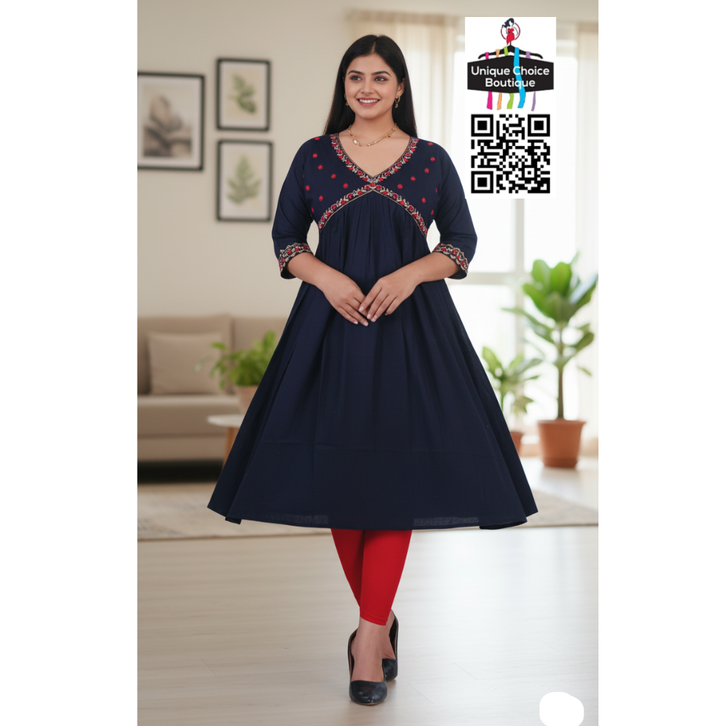Rayon Alia Cut Anarkali Kurti with floral embroidery midnight blue
