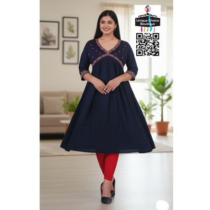 Rayon Alia Cut Anarkali Kurti with floral embroidery midnight blue