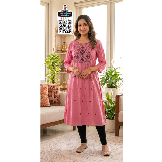 Rayon Alia Cut Anarkali Kurti with floral embroidery peach
