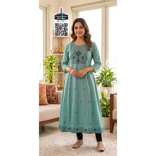 Rayon Alia Cut Anarkali Kurti with floral embroidery teal green