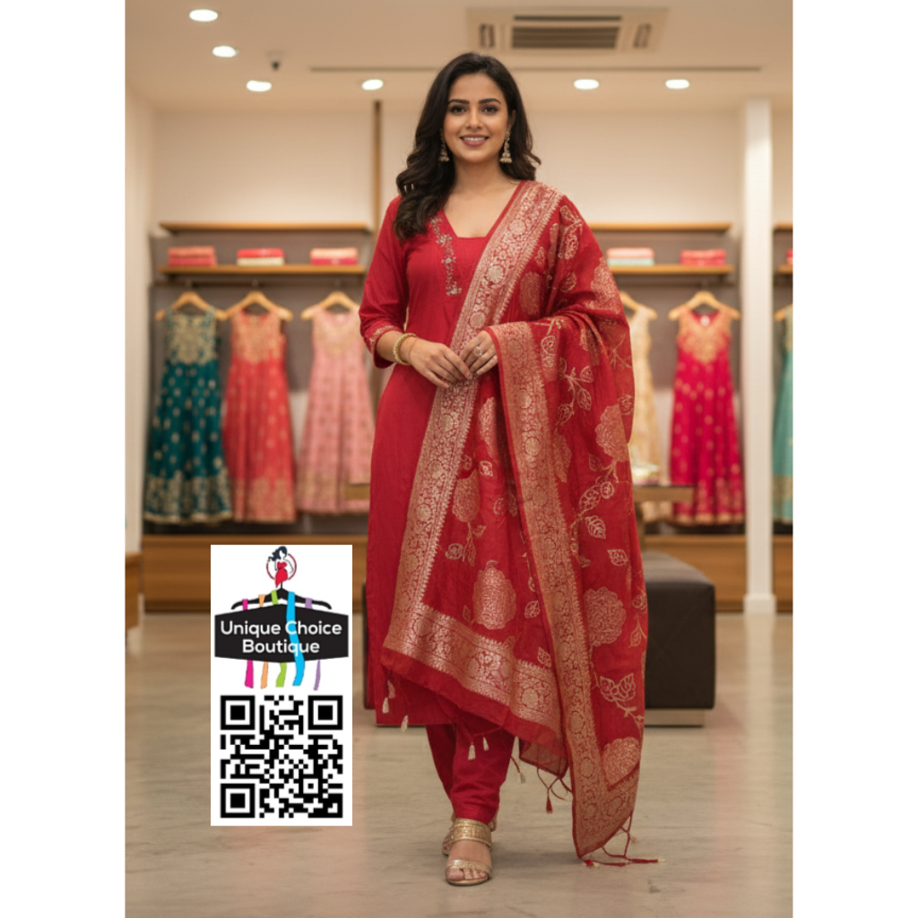 Red Handwork V neck Silk 3pc Salwar Suit 