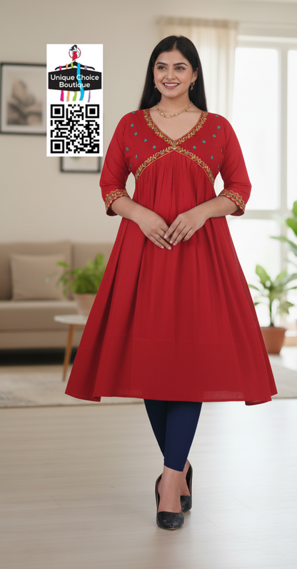 Red Rayon Alia Cut Anarkali Kurti with floral embroidery