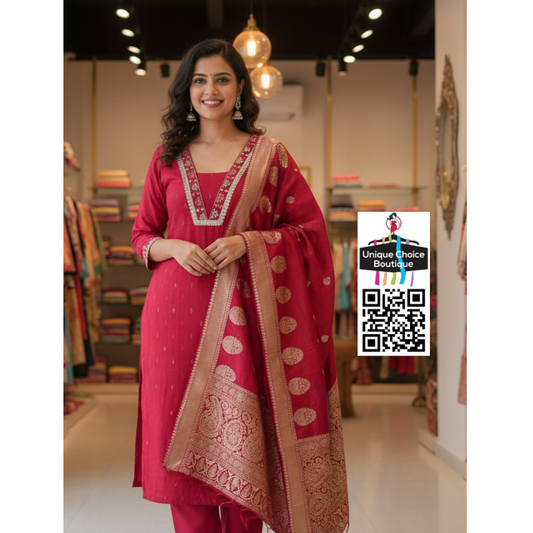 Red V neck Silk 3pc Salwar Suit 
