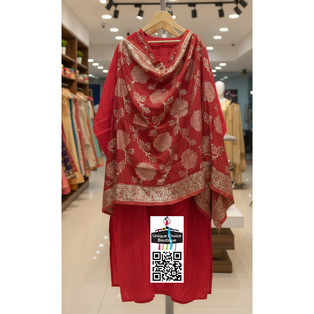 Red V neck Silk 3pc Salwar Suit 1