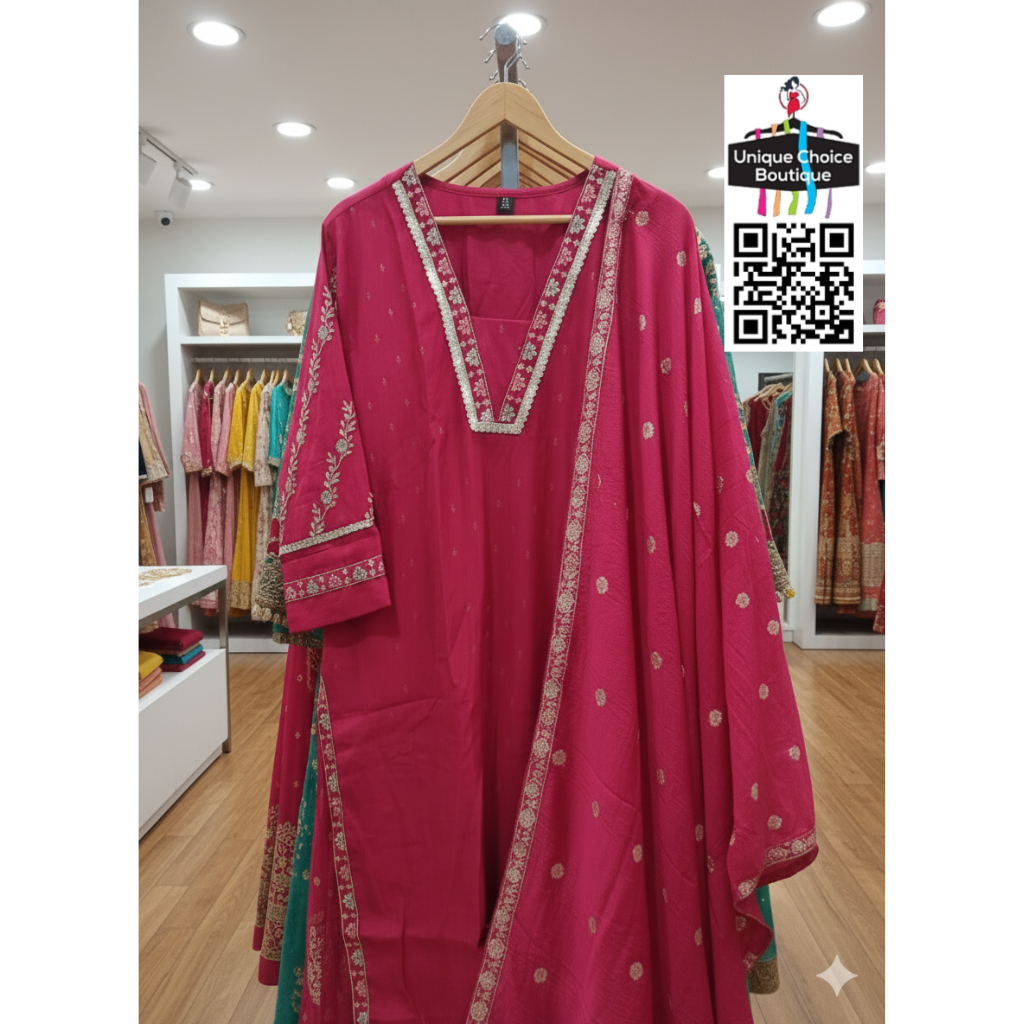 Red V neck Silk 3pc Salwar Suit 2