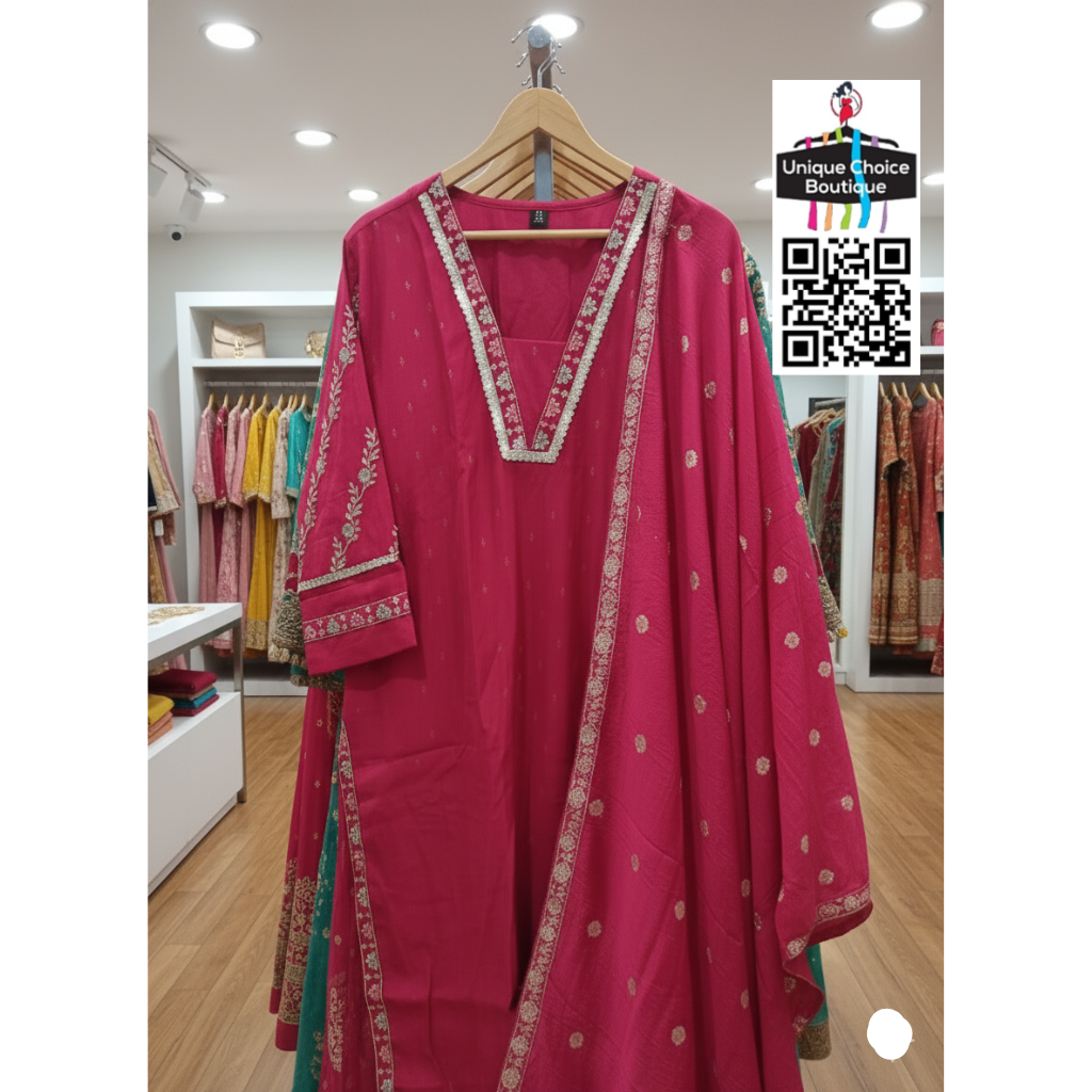 Red V neck Silk 3pc Salwar Suit 2a