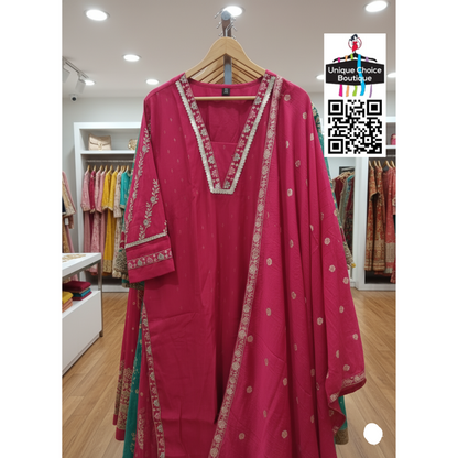 Red V neck Silk 3pc Salwar Suit 2a