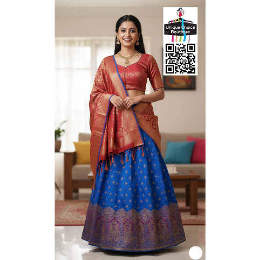 Rudra Silk Half Saree Set - Royal Blue & Fiery Red Brocade