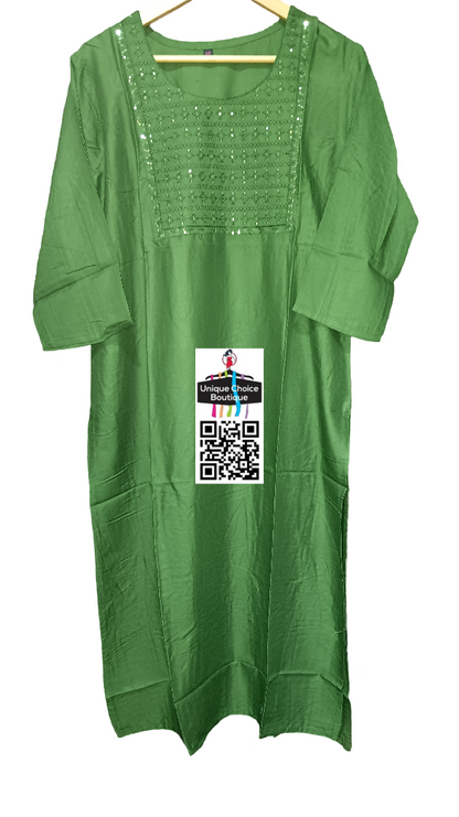 Sequin Work Mehandi Green Rayon Straight Kurti for Plus Size 4