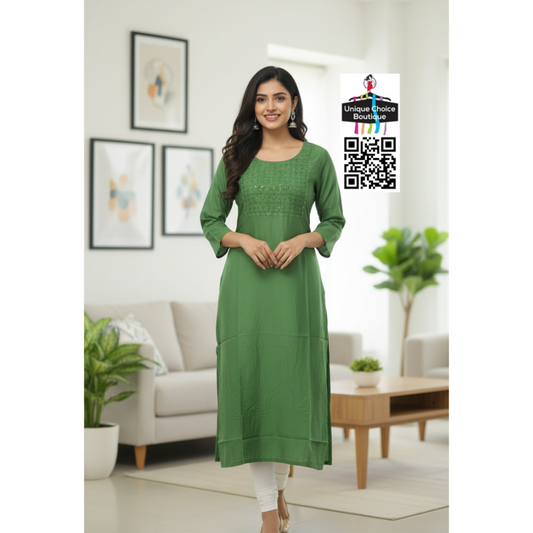 Sequin Work Mehandi Green Straight Kurti for Plus Size