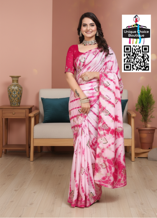 Shibori Saree in Russian Cotton Silk – Festive Pink & White 
