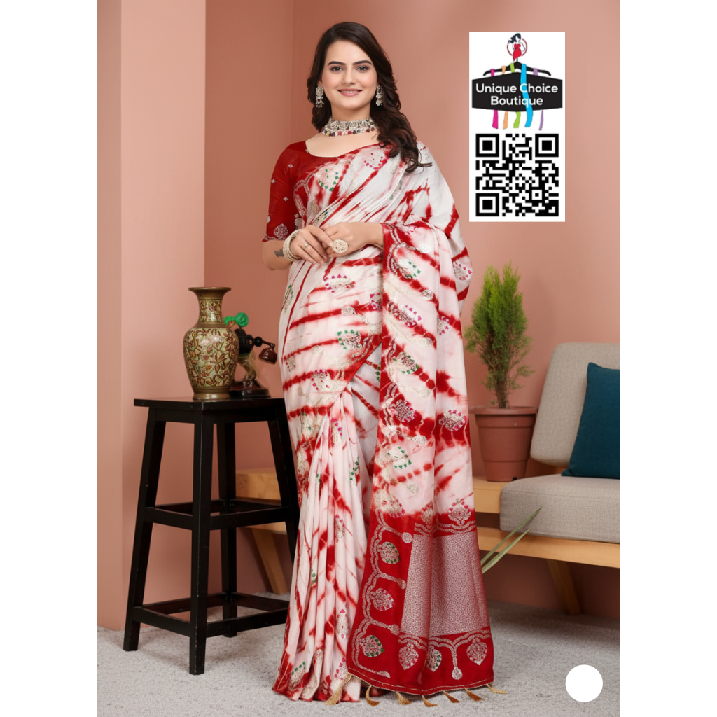 Shibori Saree in Russian Cotton Silk – Festive Red & White