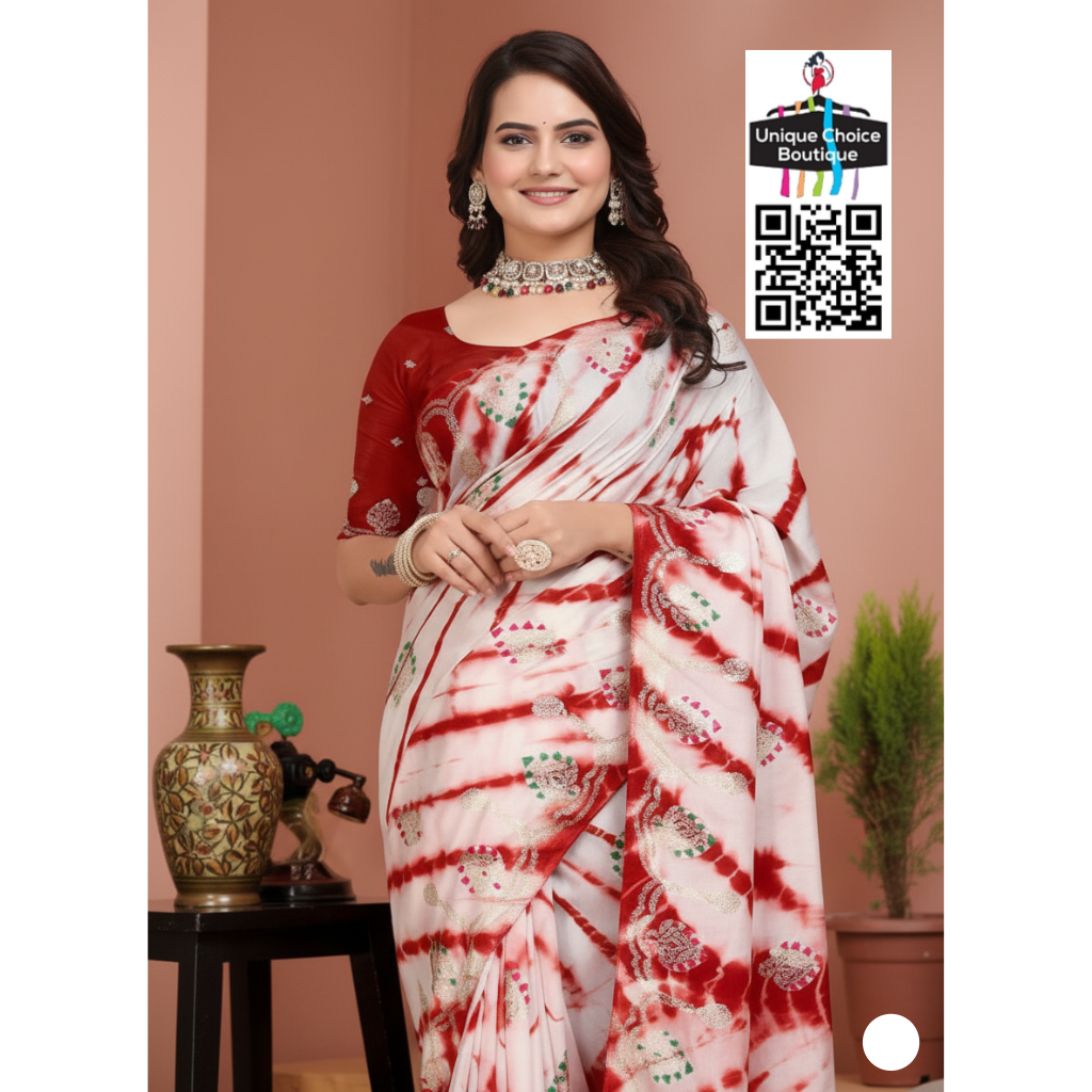 Shibori Saree in Russian Cotton Silk – Festive Red & White 2
