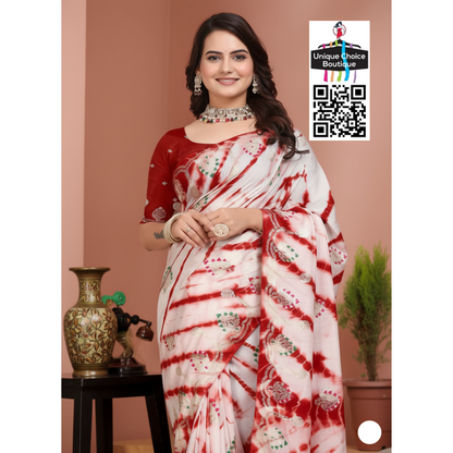 Shibori Saree in Russian Cotton Silk – Festive Red & White 2