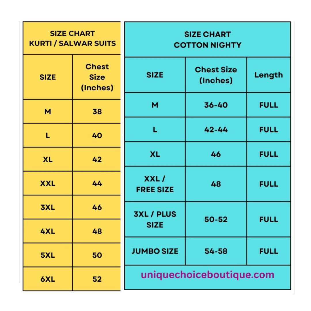 Size Chart Unique Choice Boutique UAE 