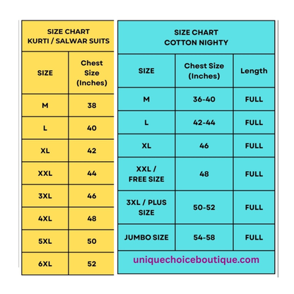 Size Chart Unique Choice Boutique UAE 