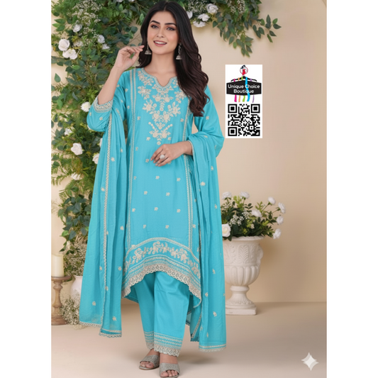 Sky Blue and White 3pc Salwar Suit Set, Kurti Pant Dupatta Set
