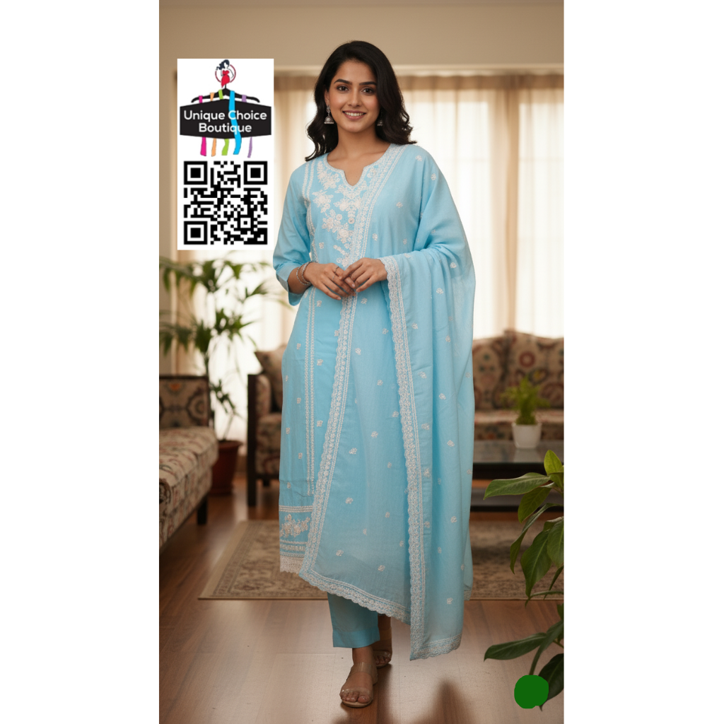 Sky Blue and White Cotton 3pc Salwar Suit Set