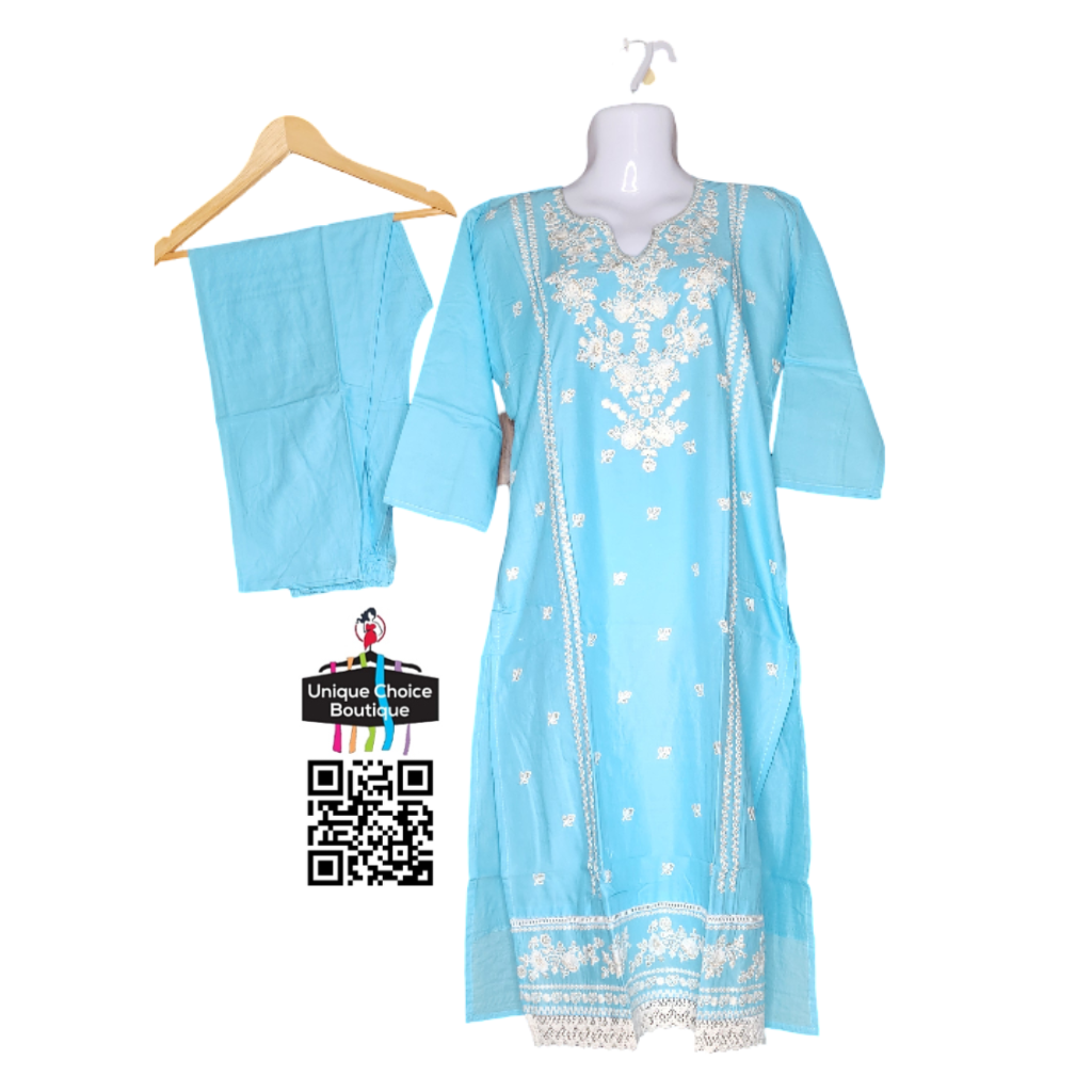 Sky Blue and White Cotton 3pc Salwar Suit Set 2