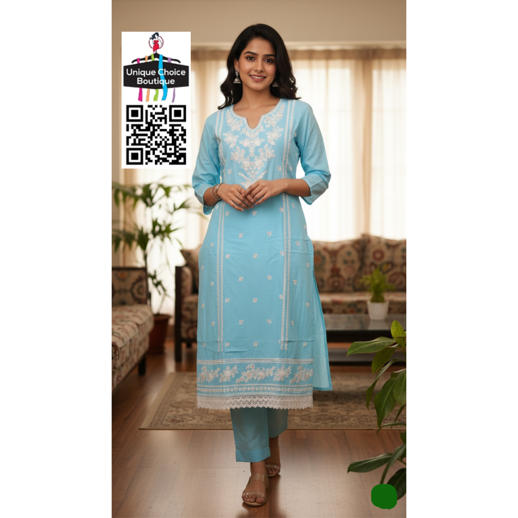 Sky Blue and White Cotton 3pc Salwar Suit Set 3