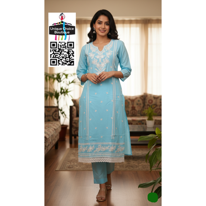 Sky Blue and White Cotton 3pc Salwar Suit Set 3