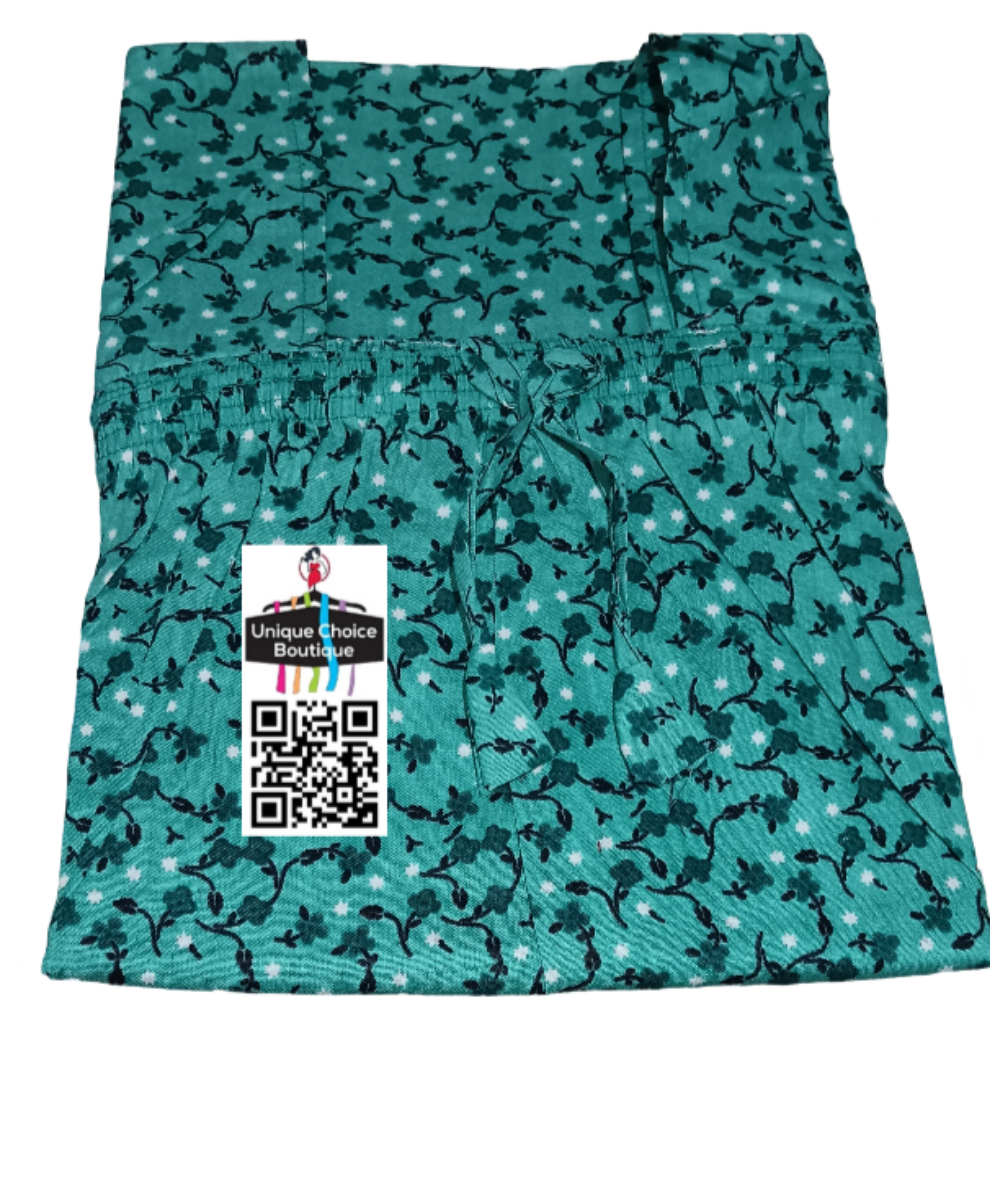 Turquoise Blue Floral Print, Pure Cotton Elastic Nighty, Nightgown, No zip