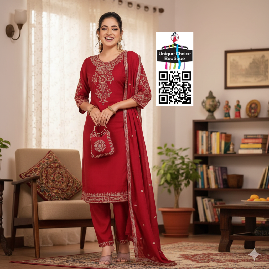 Maroon Red 3pc Stitched Salwar Suit Roman Silk Partywear with Handbag– Kurti, Pant, Dupatta Set