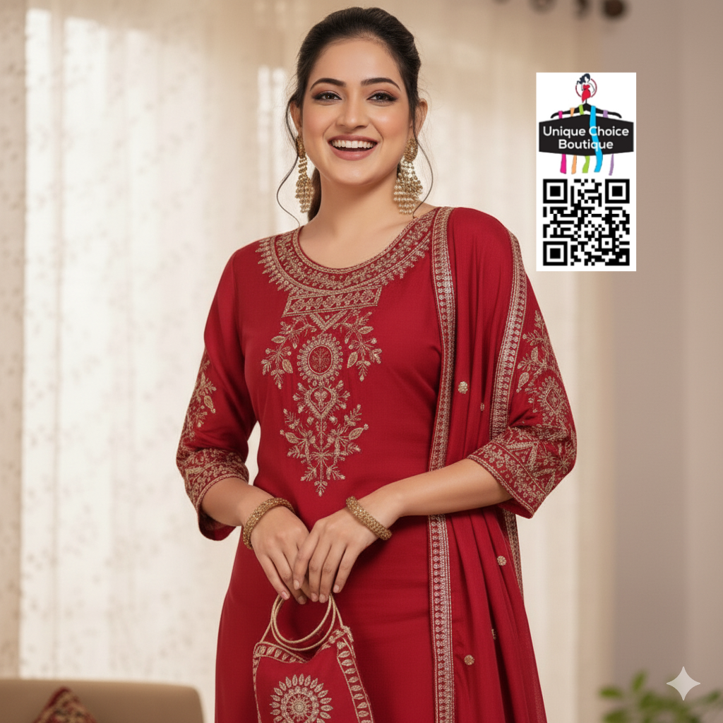 Maroon Red 3pc Stitched Salwar Suit Roman Silk Partywear with Handbag– Kurti, Pant, Dupatta Set