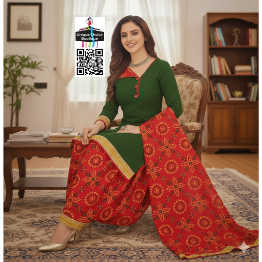 Cotton Unstitched Salwar Suit Material, Churidar Dress Material, Mehndi Green Top with Red Bandhani Print
