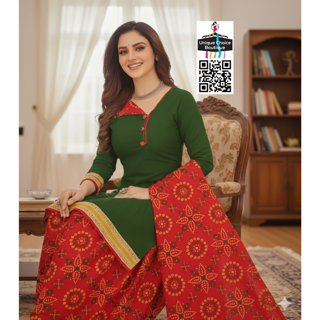 Cotton Unstitched Salwar Suit Material, Churidar Dress Material, Mehndi Green Top with Red Bandhani Print