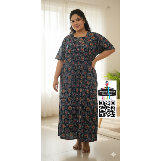 Jumbo Size (Plus Size) Batik Cotton Nighty, Nightgown-Black