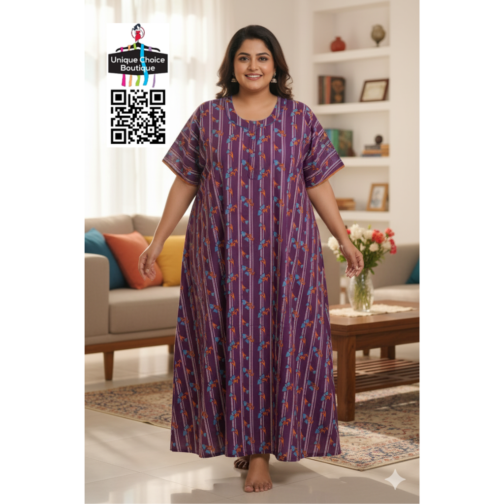 3XL Size-Plus Size-Cotton Nighty, Nightgown, Zip Nighty-Violet-Floral