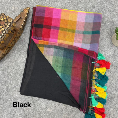 Soft Khadi mul cotton rainbow saree - Black