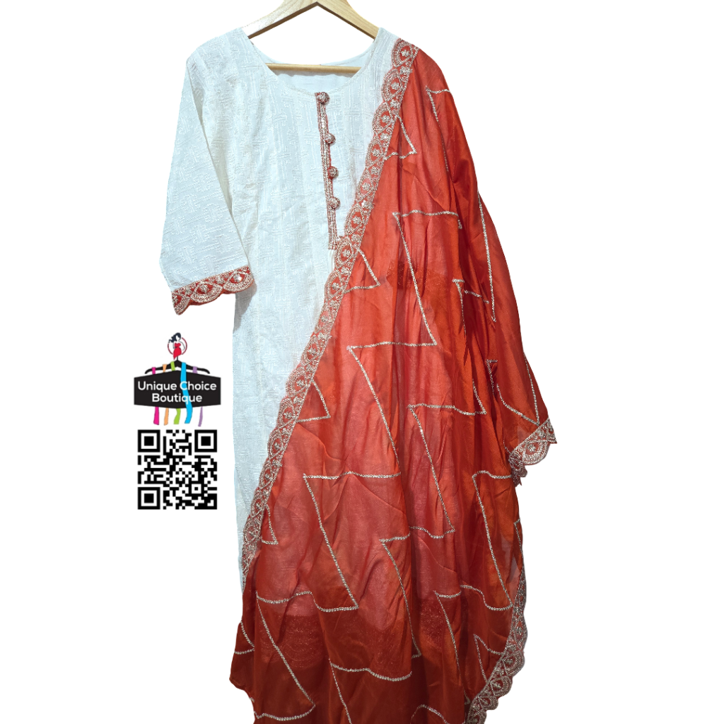 White Neon Orange Anarkali Chikankari 3pc salwar suit