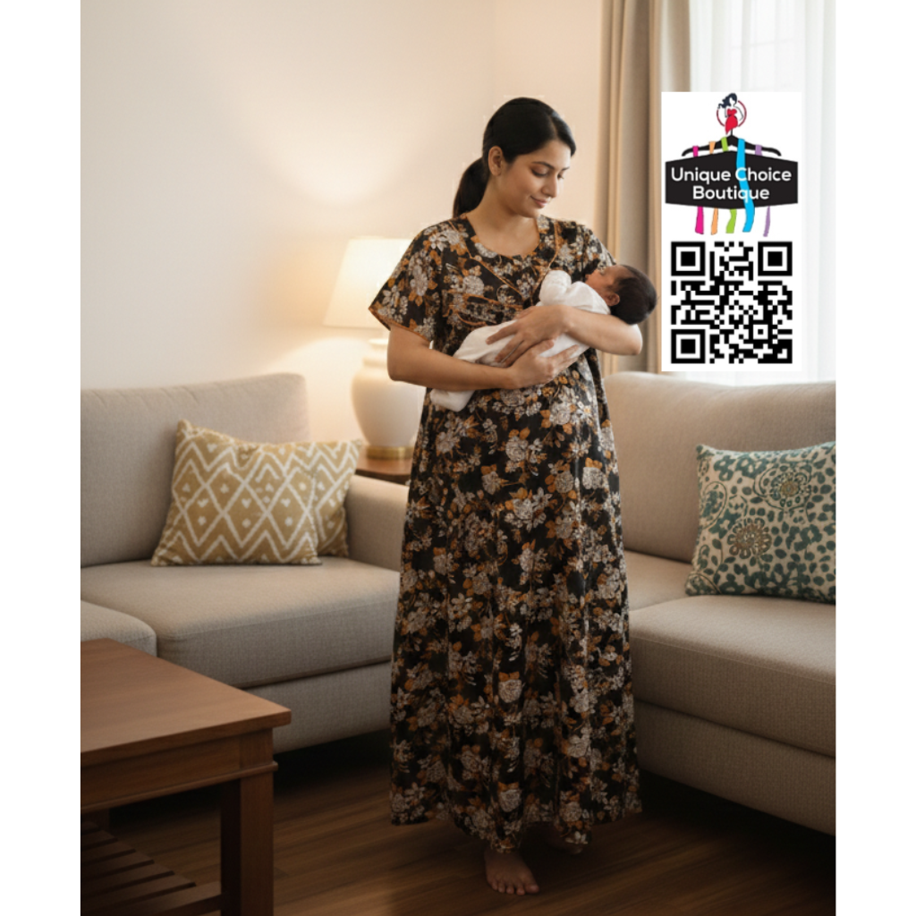 Cotton Feeding Nighty/ Maternity Dress with 3 Zips| Black Mustard Floral | Free Size