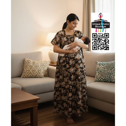 Cotton Feeding Nighty/ Maternity Dress with 3 Zips| Black Mustard Floral | Free Size